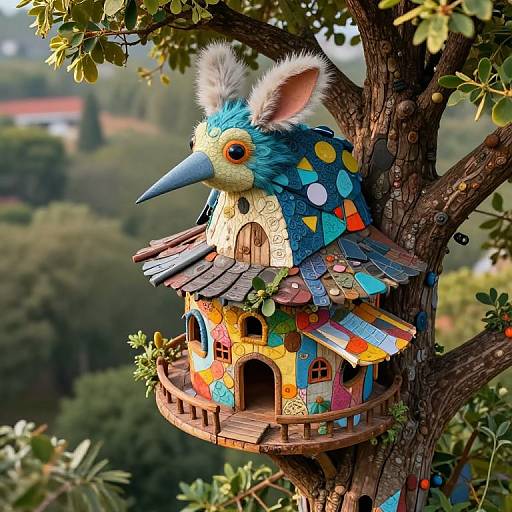 Whimsical, colorful birdhouse shaped like a blue, furry, beaked creature with triangular patterns, hanging on a tree in a lush, green