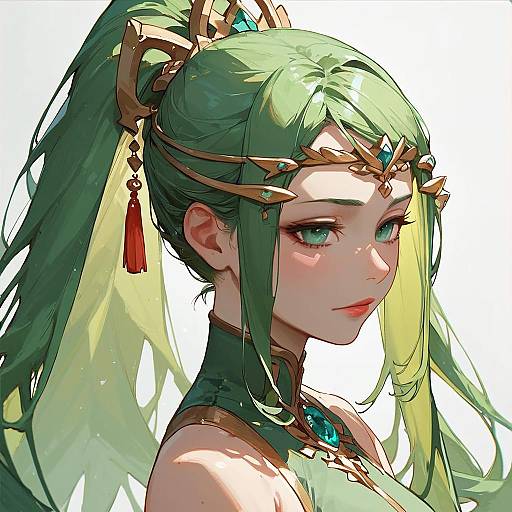 Ornate Green-Haired Anime Girl Close-Up