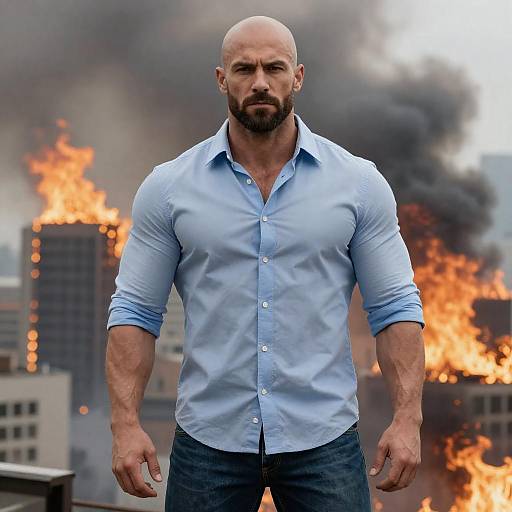 Bald Man in Fiery Cityscape Portrait