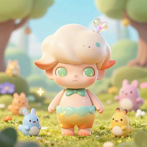 Cute CGI cartoon of a pastel-colored, chubby, green-eyed character with a mushroom hat, surrounded by colorful, small animal-like creatures in a