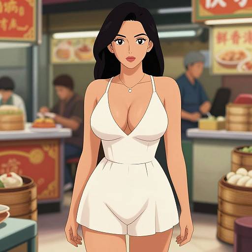 Anime-style digital drawing of a curvy woman with long black hair in a white, deep V-neck romper, standing in a bustling Asian street food
