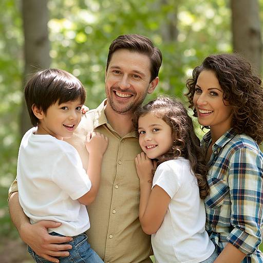 Photograph of a smiling family: bearded father in beige shirt, curly-haired mother in plaid shirt, and two children in white shirts, standing