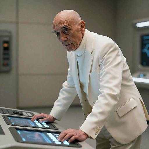 Elderly Man Using Futuristic Control Panel