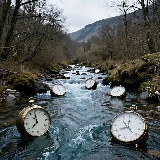 Photograph: Six vintage clock faces submerged in a flowing mountain stream, surrounded by bare trees and moss-covered rocks under a cloudy sky.