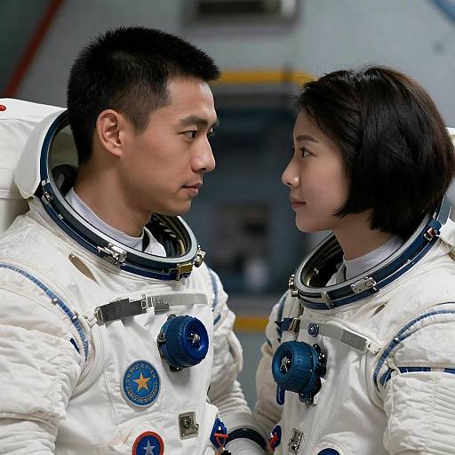 Two Astronauts Facing Each Other in Spacesuits