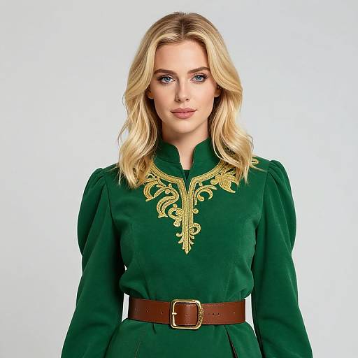 Blonde Woman in Embroidered Green Outfit