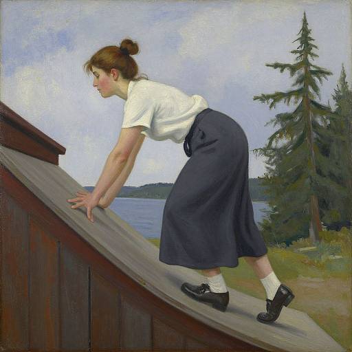 Realistic oil painting of a red-haired woman in white shirt and black skirt climbing a wooden roof, with a lake and pine tree in the background.