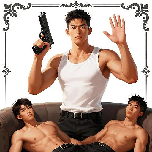 Intense Illustration of Muscular Asian Man