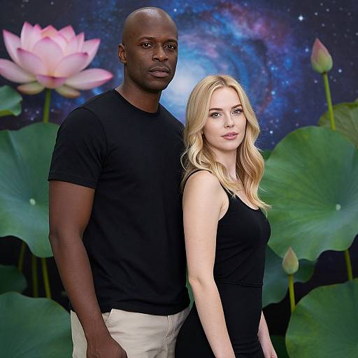 Photograph of a tall, muscular Black man in a black shirt and beige pants, standing beside a slim, blonde white woman in a black dress,
