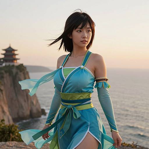Asian woman in blue, green, and yellow fantasy outfit stands on cliff at sunset, ocean and pagoda in background. Photorealistic CGI.