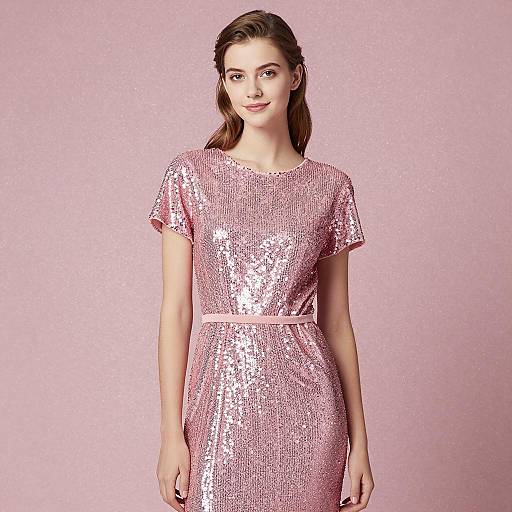 Elegant Young Woman in Pink Glitter Dress