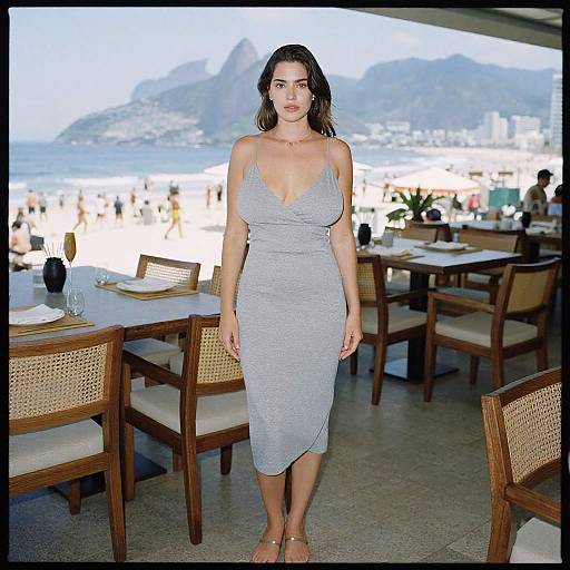 Photograph of a brunette woman in a gray, sleeveless, V-neck, midi dress standing in a beachside restaurant with tables and chairs, mountains