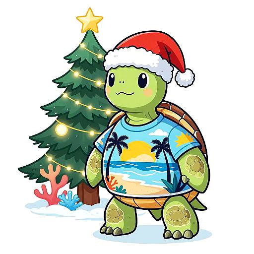 Cute digital drawing of a green turtle wearing a red Santa hat and a tropical shirt, standing beside a decorated Christmas tree.