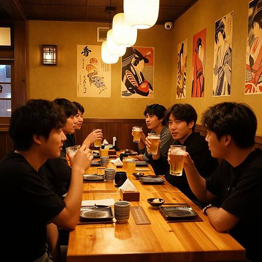 Photograph of six Asian men in black shirts, sitting at a wooden table in a dimly lit Japanese restaurant, drinking iced tea and chatting,