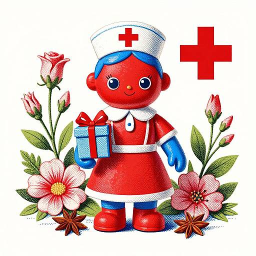 Colorful digital illustration of a red and white cartoon nurse with blue gloves, hat, and boots, holding a blue box, surrounded by flowers, roses