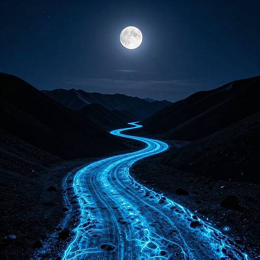 Photograph of a glowing blue road winding through dark mountains under a bright full moon in a starry night sky.