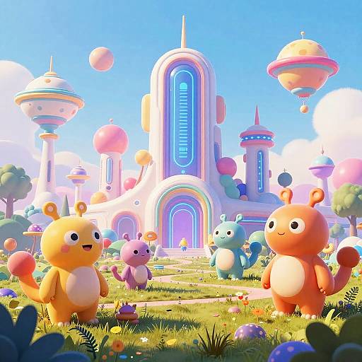Whimsical digital artwork: Cute, colorful, cartoon-like creatures in a vibrant, futuristic city with floating orbs and pastel buildings under a bright blue