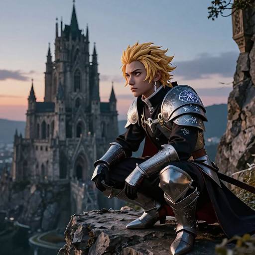 Digital artwork of a blond-haired, armored warrior crouching on a cliff at sunset, with a Gothic-style castle in the background.