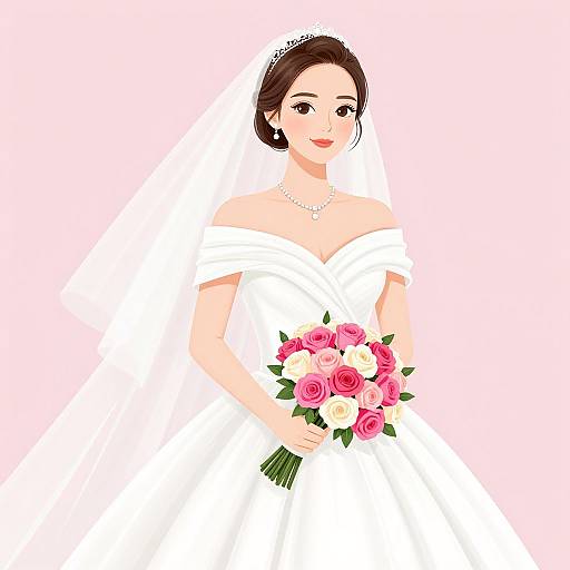 Digital illustration of a smiling Asian bride with dark hair in a bun, wearing an off-shoulder white wedding dress and veil, holding a pink and