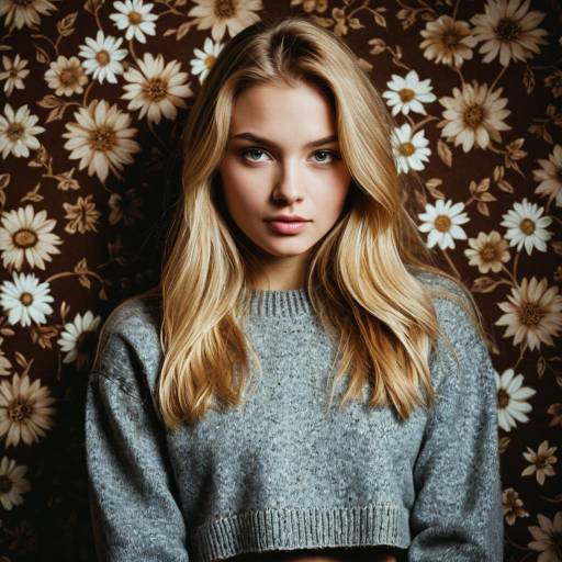 Blonde Woman in Grey Sweater with Floral Background