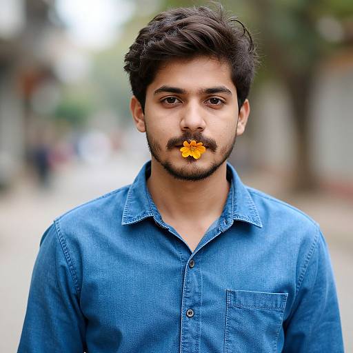 Photograph of a young Indian man with dark hair and beard, wearing a blue denim shirt, with a small orange flower in his mouth, standing on