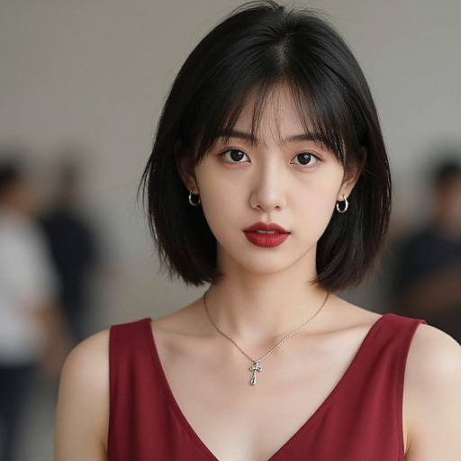 Photograph of an Asian woman with short black hair, red lipstick, hoop earrings, and a red sleeveless top, wearing a silver cross necklace,