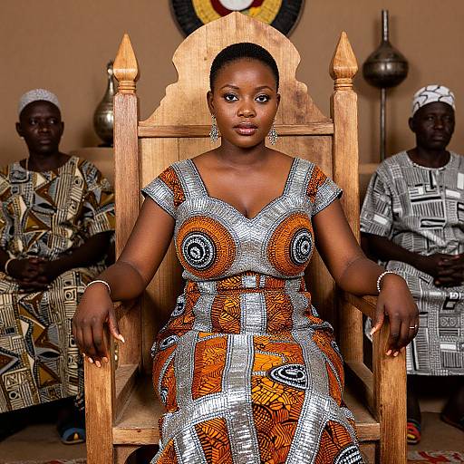 Photograph of a Black woman in a vibrant, patterned dress seated on a wooden throne, flanked by two men in traditional African attire, in