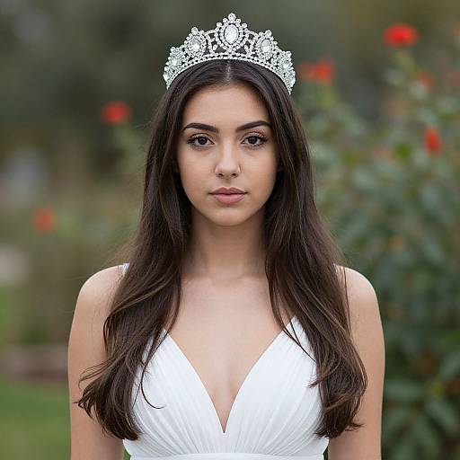 Photograph of a young woman with long dark hair, wearing a white V-neck dress and a silver tiara, standing in a garden with blurred red