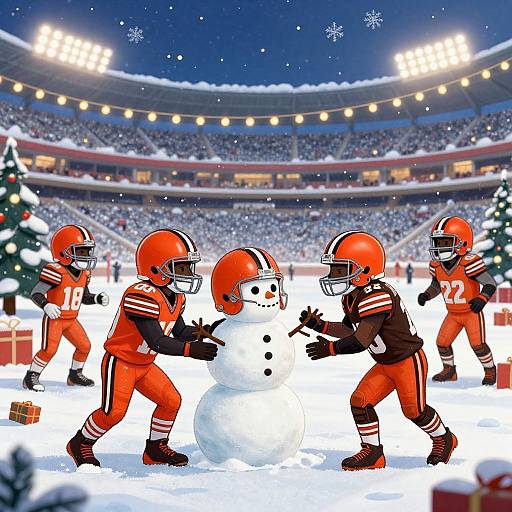 Photograph of five American football players in orange uniforms, playfully interacting with a snowman on a snowy stadium field at night.