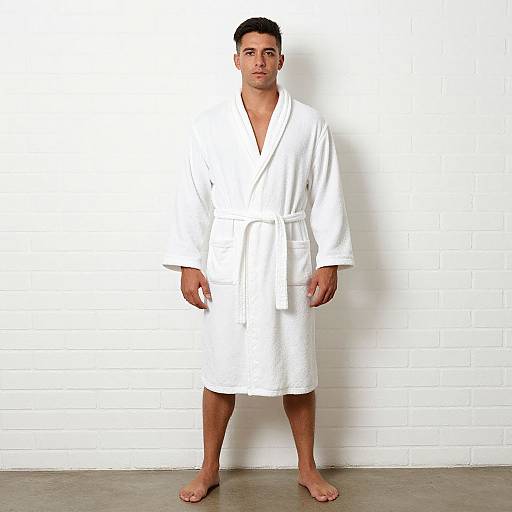 Photograph of a young man with short dark hair, wearing a white bathrobe, standing barefoot against a white brick wall.