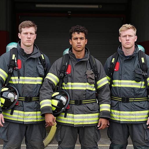 Line of Serious Firefighters in Uniform
