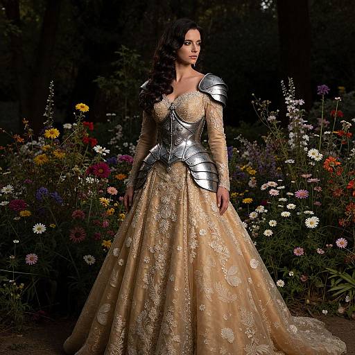 Photograph of a dark-haired woman in a gold, floral-embroidered gown with silver armor shoulder plates, standing in a dark, flower-filled