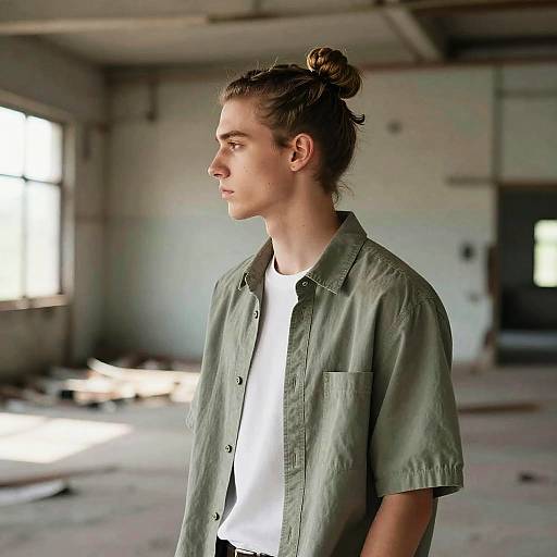 Photograph of a young woman with a bun, wearing an olive green button-up shirt over a white t-shirt, standing in a sunlit, dil