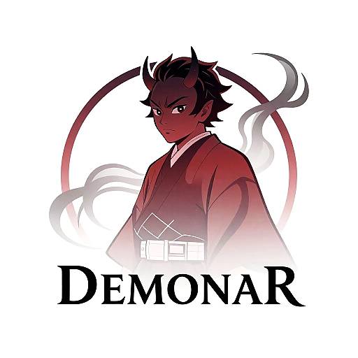 Digital illustration of a red-skinned demon character with black hair and horns, wearing a red kimono, set against a white background with 