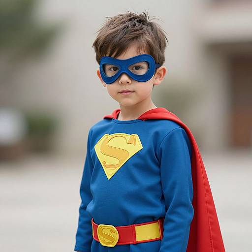 Photograph of a young boy with short brown hair, wearing a blue Superman costume, red cape, yellow belt, and blue mask, standing outdoors with