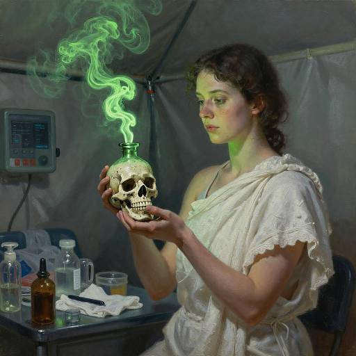 Digital painting of a curly-haired woman in a white toga holding a glowing green-smoke emitting skull, in a dim tent with medical equipment.