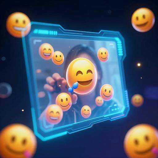 Digital illustration of glowing yellow smiley faces surrounding a blue-bordered screen showing a blurred, smiling person. Background is dark blue with small, scattered white lights