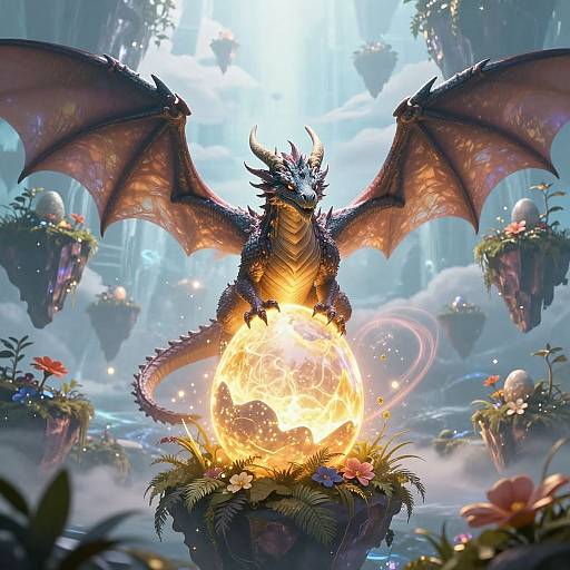 Digital fantasy artwork of a fierce, blue and purple dragon with glowing wings, standing on a pedestal engulfed in fiery light, surrounded by floating gardens in