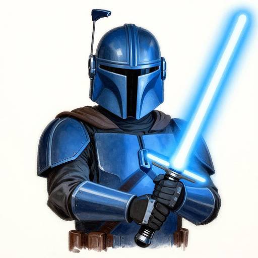 Digital artwork of a blue-armored Mandalorian holding a glowing blue lightsaber, with a white background and futuristic helmet.