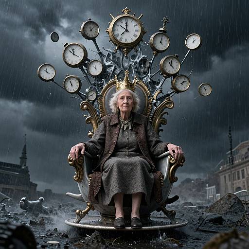 Photograph of an elderly woman with white hair, wearing a crown and dark dress, sitting on a gold throne surrounded by floating clocks, against a storm