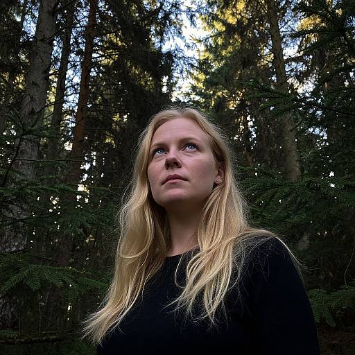 Photograph of a blonde, blue-eyed woman with fair skin, wearing a black top, standing in a dense forest with tall trees and dappled