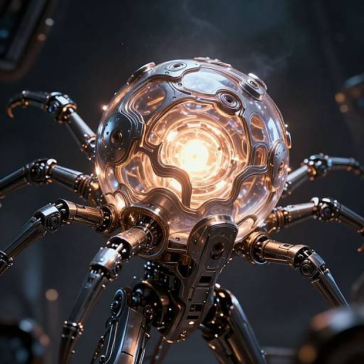 Photorealistic CGI of a glowing, metallic spider with intricate, shiny legs and a transparent, orb-like head illuminated from within. Dark, blurred background