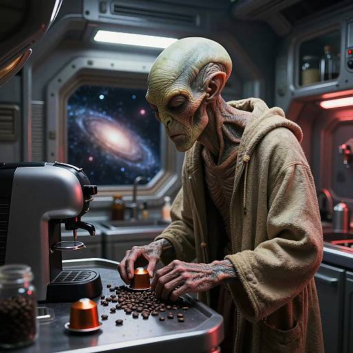 Grumpy Alien in Sci-Fi Kitchen