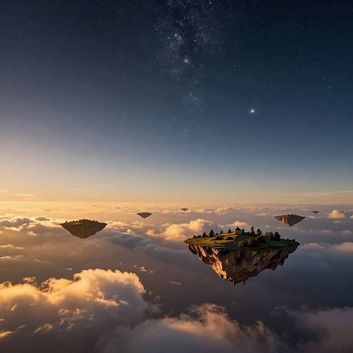Photograph of floating islands with lush greenery, surrounded by fluffy clouds, under a starry night sky with a Milky Way galaxy.