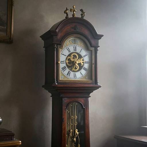 Photograph of an antique, dark wooden grandfather clock with gold accents, Roman numerals, and ornate finials, standing against a gray wall with