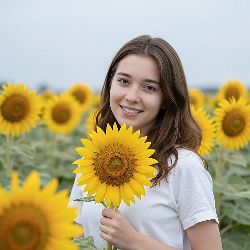 Photograph of a smiling young woman with long brown hair, holding a bright yellow sunflower in a sunflower field, wearing a white t-shirt,