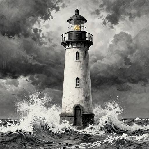 Monochromatic digital painting of a stormy lighthouse standing tall amidst crashing waves, with dramatic, dark cloudy skies in the background.
