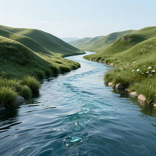 Photograph of a clear, winding stream flowing through lush, green hills with grassy banks and white flowers under a bright blue sky.
