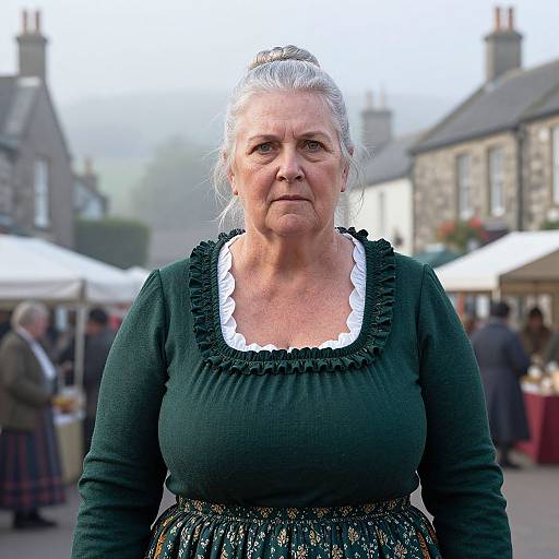 Photograph of an elderly white woman with gray hair in a green dress with white ruffled neckline, standing in a foggy village market. Background shows