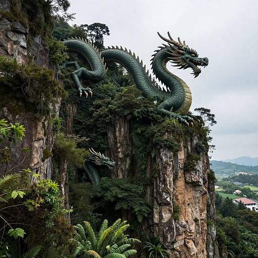 Photograph of a green, dragon-like creature with intricate scales and horns perched on a rocky cliff amidst lush, dense foliage.